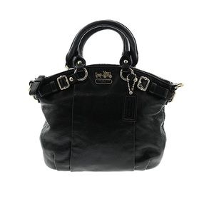Coach mini leather satchel/crossbody Black with gold hardware and purple lining.